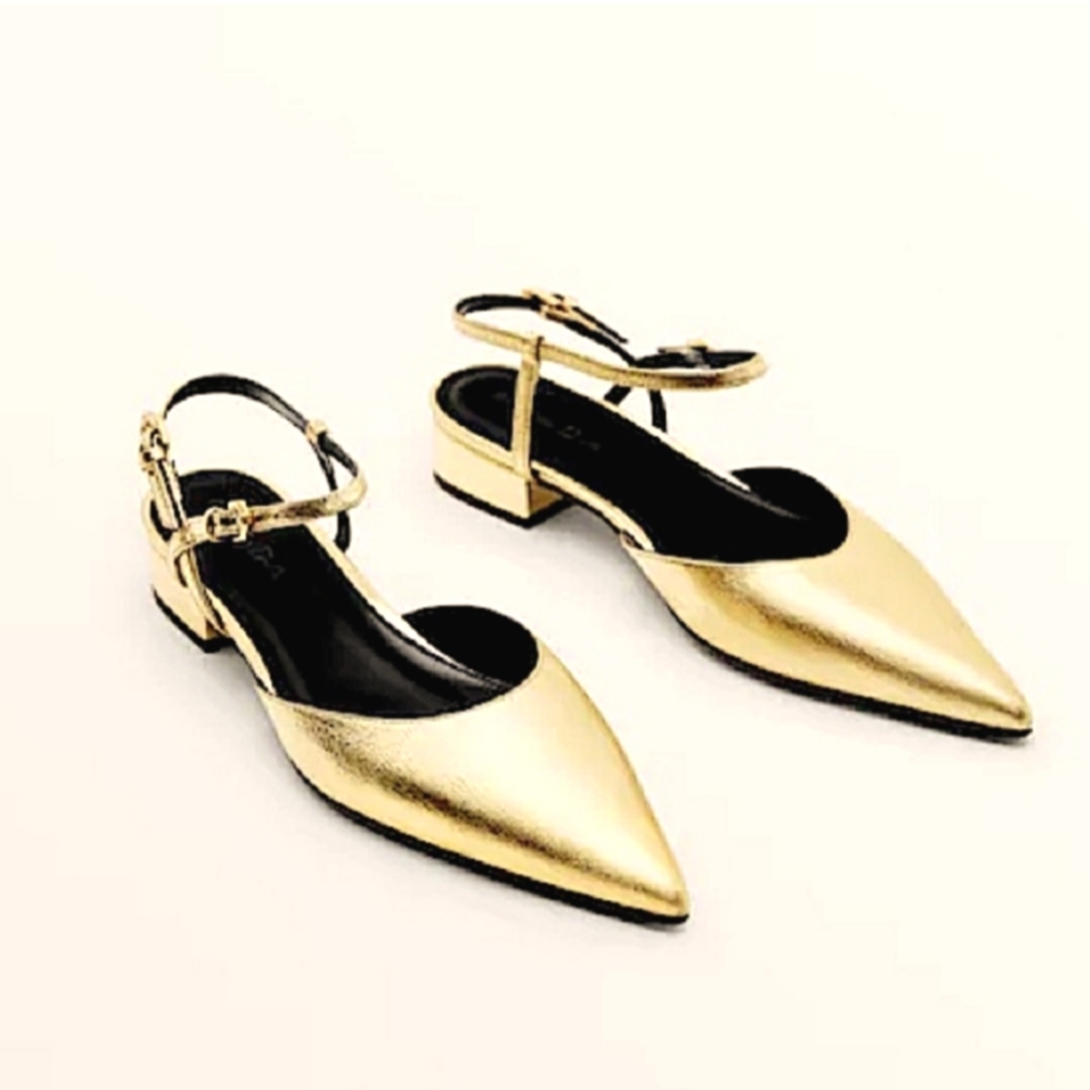 NWT Massimo Dutti Gold Leather Mule Sandals Size 8 EU 39 Ankle Straps Heel
